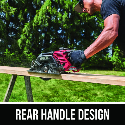 Heavy Duty Seven Quarter Inch Cordless Circular Saw Featuring Rear Handle And Brushless Motor Provides Killer Cuts Through Lumber in action cutting wood.