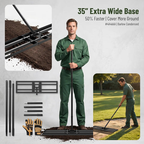 Person using 35 Inch Wide Lawn Leveling Rake With 6.5 Ft Long Handle, Heavy Duty Yard Leveler And Workhorse For Dirt And Sand