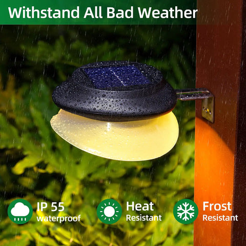 Solar Fence Lights Waterproof Outdoor Gutter Lights With Two Installation Methods for Deck, IP55, showing in rain, warm glow