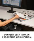 Wire Desk Tray Organizer For Letter And Legal Size Papers Black 5 Inch Buildable File Bin on desk with hand holding documents.