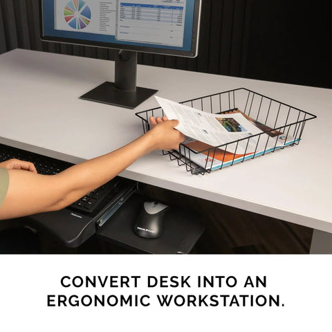 Wire Desk Tray Organizer For Letter And Legal Size Papers Black 5 Inch Buildable File Bin on desk with hand holding documents.