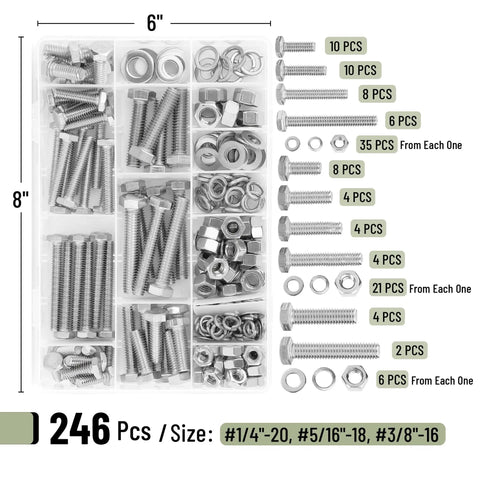 Heavy Duty Hex Head Nuts And Bolts Assortment Kit With 246 Pieces stainless steel bolts, nuts, and washers in organized storage.