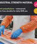 Orange 18 Inch Disposable Arm Sleeves Waterproof Polyethylene Covers With Elastic Ends For Food Processing Cleaning Packaging And Warehouse Use Pack Of 2000 on worker
