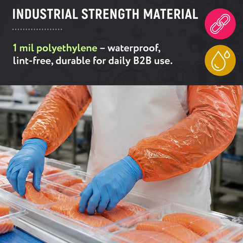 Orange 18 Inch Disposable Arm Sleeves Waterproof Polyethylene Covers With Elastic Ends For Food Processing Cleaning Packaging And Warehouse Use Pack Of 2000 on worker