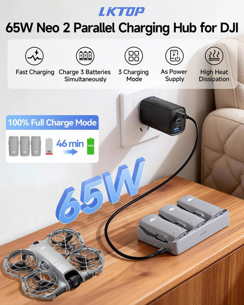 Neo 2 Battery Charging Hub Bundle With 3 Original Neo 2 Batteries And 65W Parallel Charger Fast 46 Minute Full Charge For DJI Neo 2