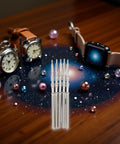 Five Piece Silver Movement Crown Kit For NH35 NH36 NH38 NH39 Watches on wooden table with watches and decorative beads