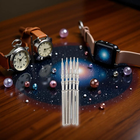 Five Piece Silver Movement Crown Kit For NH35 NH36 NH38 NH39 Watches on wooden table with watches and decorative beads