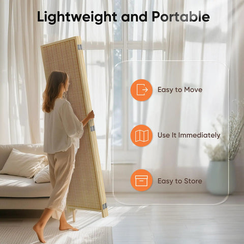 Person moving 4 Panel Folding Bamboo Room Divider Privacy Screen Freestanding Wall Separator, 6 Feet Tall Beige, Portable Space Saver