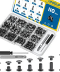 Badass Leather Chicago Screw Kit With 110 Set M5 And M4 Rivets Comes With Awl And Screwdriver For Bookbinding And Leatherwork Heavy Duty Carbon Steel Construction in organizer.