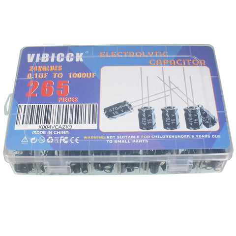265 Piece Electrolytic Capacitor Kit With 24 Values From 0.1uF To 1000uF In Inline Aluminum Capacitors 10V 16V 25V And 50V Ideal For DIY Electronics Projects And Makers in a clear plastic case with capacitors visible