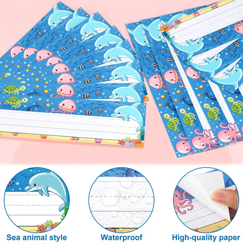 36 Piece Sea Animal Desk Name Plates Set For Classrooms Back To School Decor Kid Friendly Ocean Name Tags For Desks Three By Ten Inches Great For Teachers And Students Durable PVC Name Tags Easy To Label Bright Ocean Scene For Calm Classrooms, showing blue name tags with dolphins and octopuses on high-quality paper.