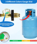 Feirenql 2-stage propane regulator with gauge and POL attached to blue propane tank, front view.