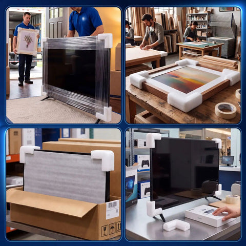 100 Pack Foam Corner Protectors For TV Frames, Photos, Mirrors And Picture Frames, used for safe packing and moving.