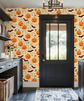 Halloween Botanical Peel And Stick Wallpaper Self Adhesive Removable Wall Decor Large Roll Easy Peasy Diy Room Glow Up With Dope Seasonal Vibes Covers 14 Square Feet displayed in entryway with pumpkins and bats.