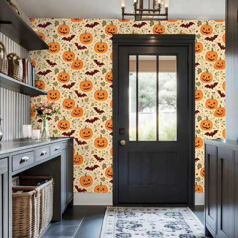Halloween Botanical Peel And Stick Wallpaper Self Adhesive Removable Wall Decor Large Roll Easy Peasy Diy Room Glow Up With Dope Seasonal Vibes Covers 14 Square Feet displayed in entryway with pumpkins and bats.