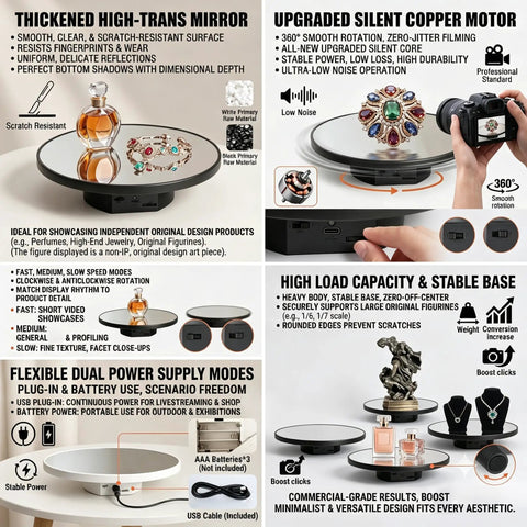 JAYEGT Motorized Rotating Display Stand, 10-Inch Mirror Finish Turntable With 11 Lb Load Capacity showcasing jewelry and figurines.