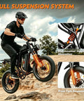 Rider on a Powerful 2500 Watt Fat Tire Electric Bike For Adults And Teens With Long Lasting Battery, full suspension showcased.