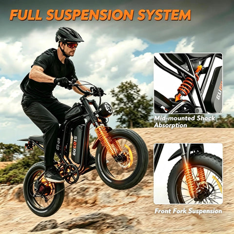 Rider on a Powerful 2500 Watt Fat Tire Electric Bike For Adults And Teens With Long Lasting Battery, full suspension showcased.