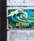 Vintage Hawaiian Big Wave Tin Sign With Outrigger Canoe, Palm Trees And Hibiscus In Turquoise And Gold Tones, Metal Wall Decor