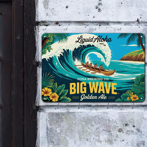 Vintage Hawaiian Big Wave Tin Sign With Outrigger Canoe, Palm Trees And Hibiscus In Turquoise And Gold Tones, Metal Wall Decor