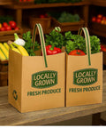Natural Kraft Paper Tote Bag With Locally Grown Design, Eco Friendly Reusable Gift Bag Go To Market Groceries And Small Shops.