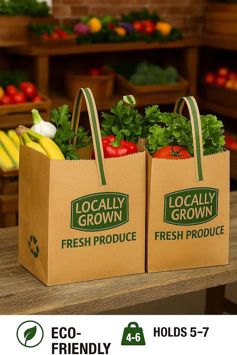 Natural Kraft Paper Tote Bag With Locally Grown Design, Eco Friendly Reusable Gift Bag Go To Market Groceries And Small Shops.