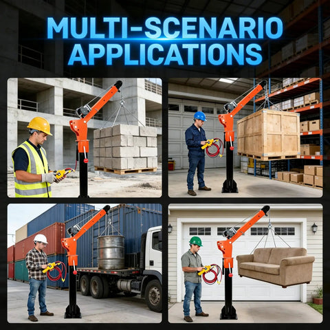 Heavy Hitter 1100 Lbs Truck Mounted Crane With 2000 Lbs Electric Winch in multi-scenario applications, showing various lifting tasks.