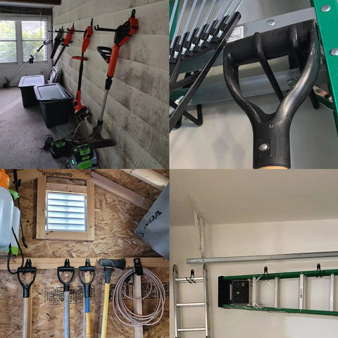 Heavy Duty Garage Storage Hooks 7.5 Inch Wall Mount Hangers for organizing tools, ladders, and gear in garages and sheds.