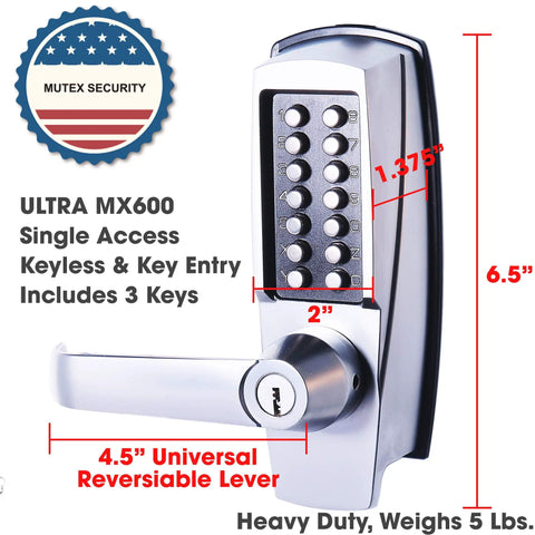 Mechanical Push Button Lever Lock With 13 Digit Keypad for keyless entry, satin chrome, dimensions labeled, commercial and residential security