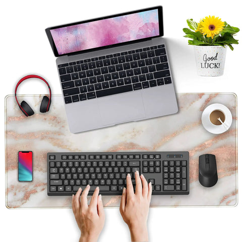 Workspace with Rose Gold Marble Desk Pad For Mega Size 31.5 By 15.75 Inch Setup With Ultra Smooth Lycra Surface Ideal Mouse Pad