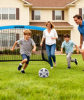 Family playing soccer with Backyard Pop Up Soccer Goals Set For Kids And Toddlers, Portable 4x3 Feet, Dual Goals With Carry Bag.