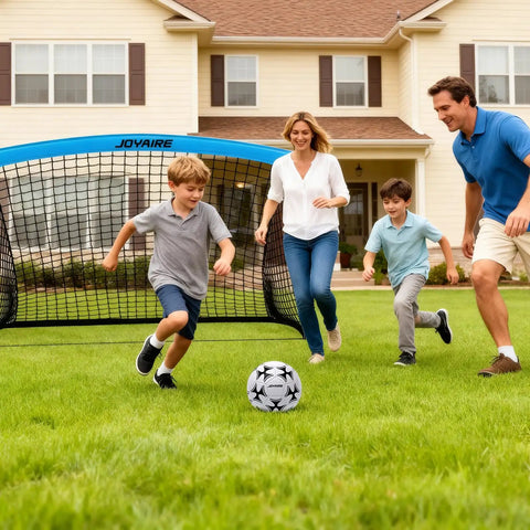 Family playing soccer with Backyard Pop Up Soccer Goals Set For Kids And Toddlers, Portable 4x3 Feet, Dual Goals With Carry Bag.