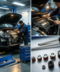 Under The Hood Camshaft Bearing Installer Remover Tool Universal Range 1.125 to 2.69 Inches on a mechanic's bench with engine.