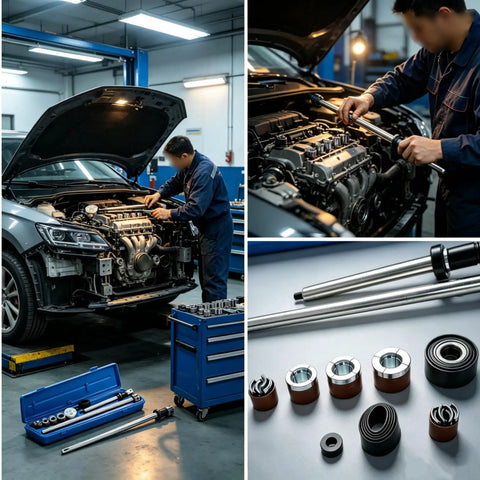 Under The Hood Camshaft Bearing Installer Remover Tool Universal Range 1.125 to 2.69 Inches on a mechanic's bench with engine.