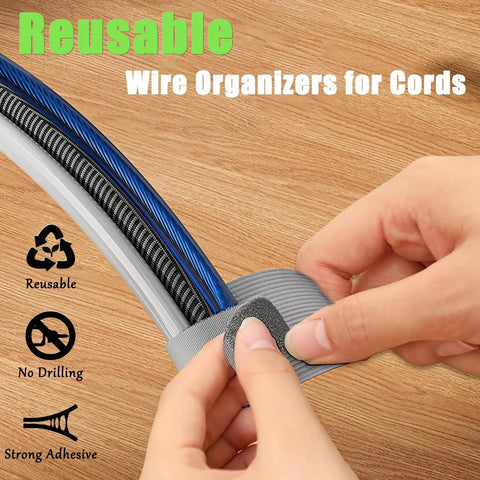 Person securing cables with 80 Piece Set Hook And Loop Cable Straps For Desk Cable Management Tames Messy Cords With Adhesive Wire Ties