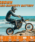 Rider on RM7 Electric Dirt Bike For Teens and Adults, 2200W Peak Motor, crossing rocky terrain by the sea