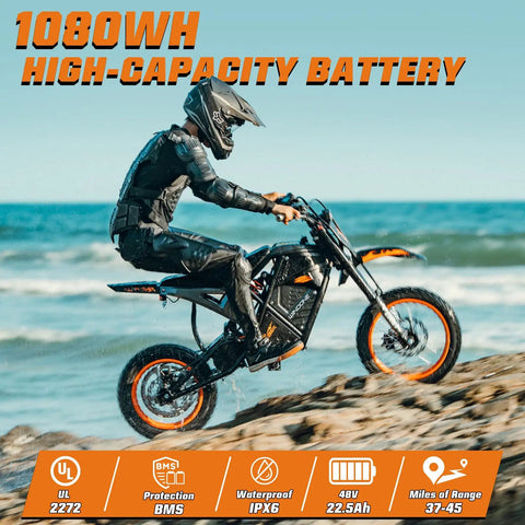 Rider on RM7 Electric Dirt Bike For Teens and Adults, 2200W Peak Motor, crossing rocky terrain by the sea