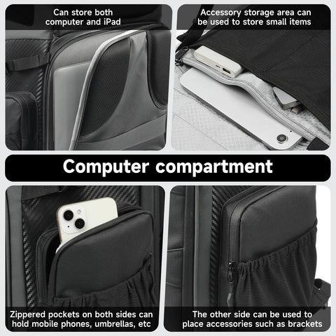 40L Outdoor Drone Backpack with DIY One Piece Partition, showing computer compartment with storage for devices and small items