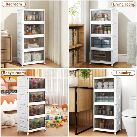 Four Tier Storage Bins With Lids On Wheels, 23QT Each, Stackable Closet Organizers in different room settings
