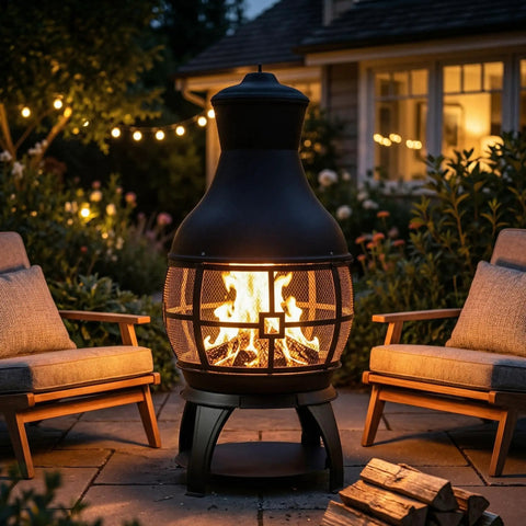 Chiminea Outdoor Fireplace Wood Burning Fire Pit For Backyard And Camping In Brown Black Finish with mesh screen on patio