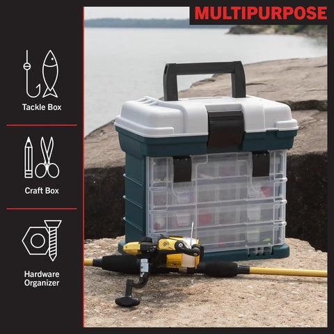 Ultra Handy Portable Tool Box Small Parts Organizer With Four Removable Drawers And Customizable Compartments on rocky shore