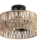 Three Light Rustic Woven Flush Mount Ceiling Fixture With Industrial Metal Finish for hallways, bedrooms, kitchens and entryways