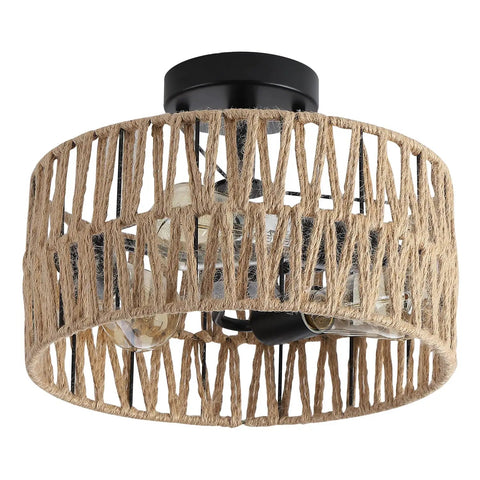 Three Light Rustic Woven Flush Mount Ceiling Fixture With Industrial Metal Finish for hallways, bedrooms, kitchens and entryways