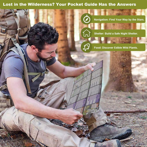 Man in forest using Pocket Sized Survival Guide EDC Kit Ultra Portable Credit Card Size Ready For Field Emergencies.