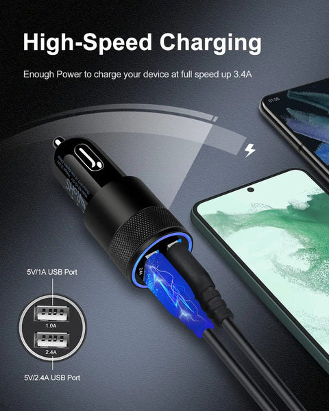 Dual USB Car Charger With Fast Charge 3.4A plugged into phone displaying charging lightning graphic