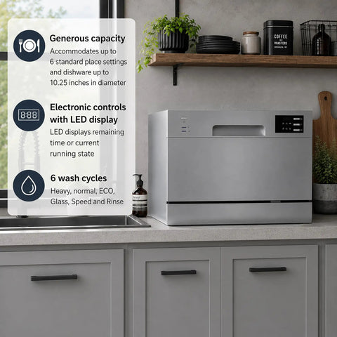 Straight Up Countertop Dishwasher With Six Quick Rinse Cycles And Bright Led Touch Panel Featuring Easy Sink Hookup Digital Timer And Zero Hassle Cleanup For Daily Grinds in a modern kitchen setup, compact silver unit on countertop.