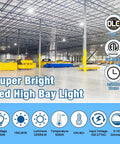 LED High Bay Lights Super Bright Boss Level Brightness 150W 22500LM in warehouse setting with DLC ETL logos