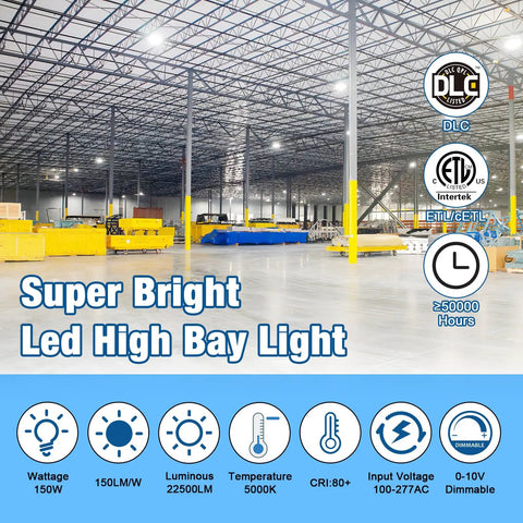 LED High Bay Lights Super Bright Boss Level Brightness 150W 22500LM in warehouse setting with DLC ETL logos