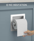 Recessed In Wall Toilet Paper Holder Built To Last Slick Stainless Steel Tissue Roll Dispenser in use, blue wall mount.