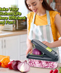 Woman using 12-In-1 Vegetable Chopper With Built-In Container Time-Saver For Dicing Slicing And Shredding Fruits Veggies And Cheese.